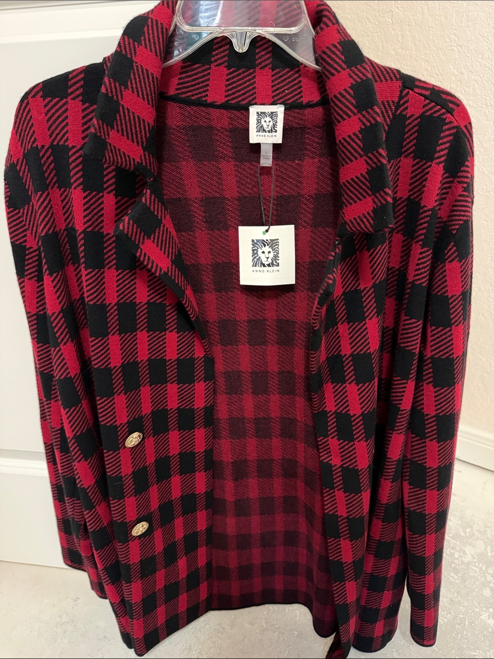 Anne Klein Red and Black Plaid Open-Front Cardigan with Gold Buttons